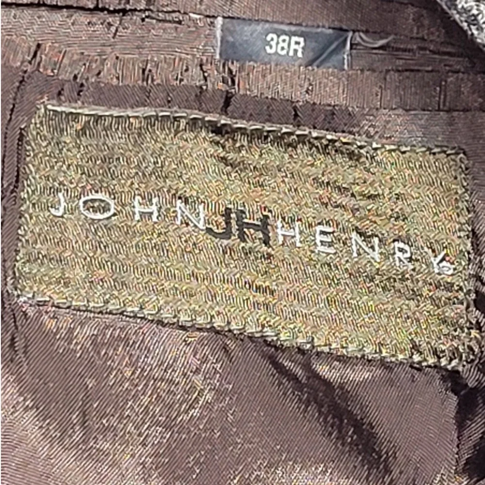 Vintage John Henry Mens 38R Blazer Brown Blue Houndstooth 3 Button Sport Coat